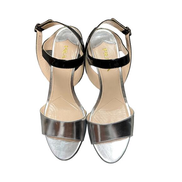 Prada Metallic Silver & Black Slingback Adjustable Wedge Sandal 39 / US 9 - Picture 2 of 9